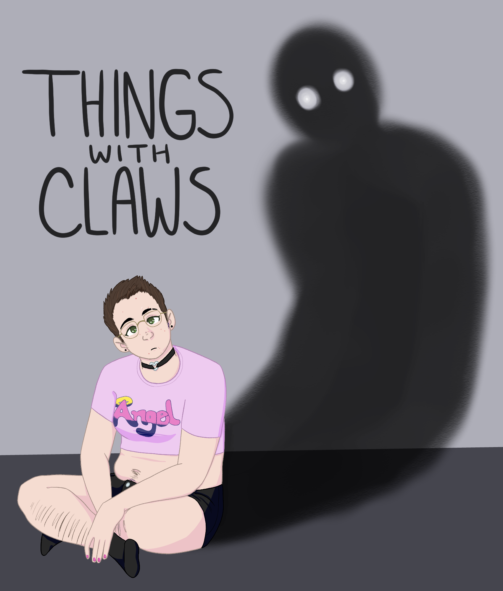 A self-portrait. A white-skinned person with short brown hair sits cross-legged against a wall, wearing glasses, a pink shirt, black shorts, and some accessories. Their shadow is thrown against the wall and seems to be supernatural with glowing white eyes.